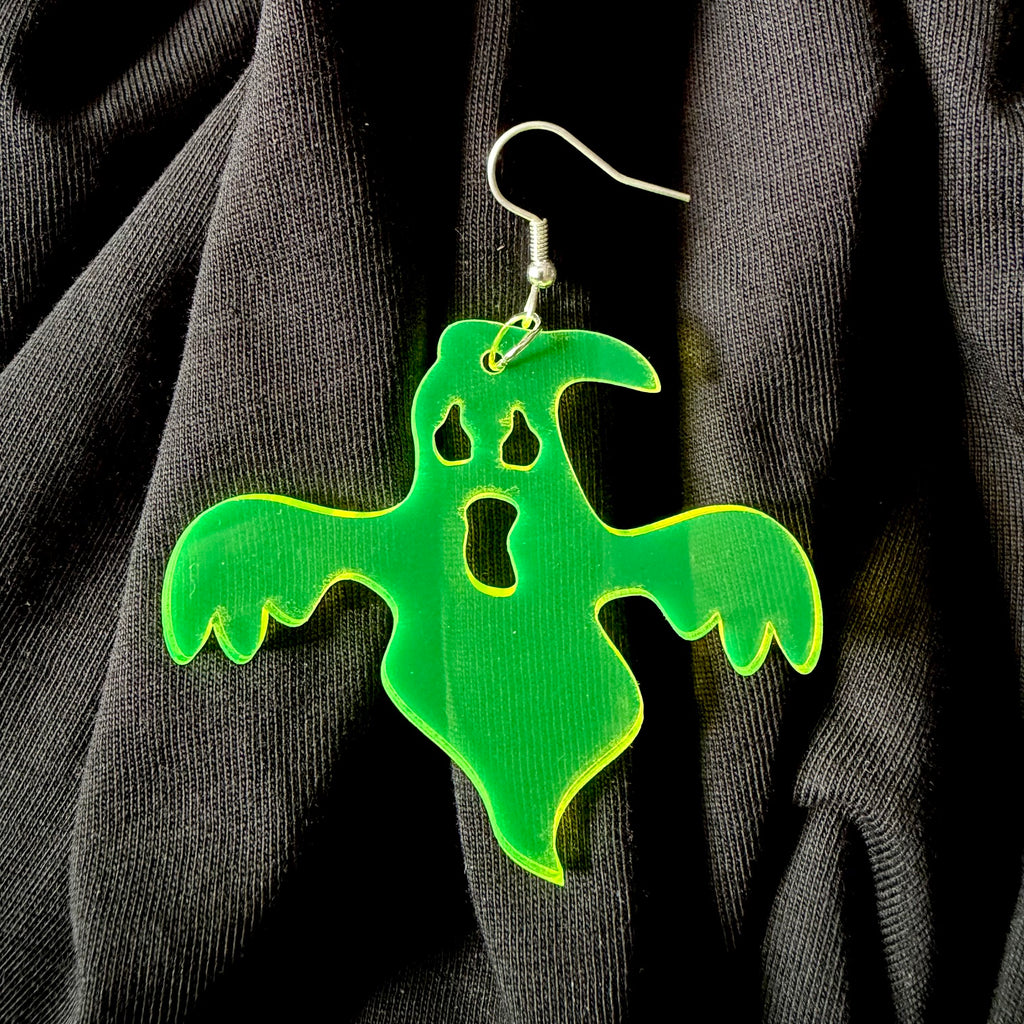 Nyssa ghost earrings, spooky Halloween-inspired earrings with ghost-shaped design, hanging silver-tone jewelry for Halloween style