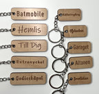 Personalized Nyssa keyring with custom text and wood laminate design, featuring a sleek and durable keychain style.