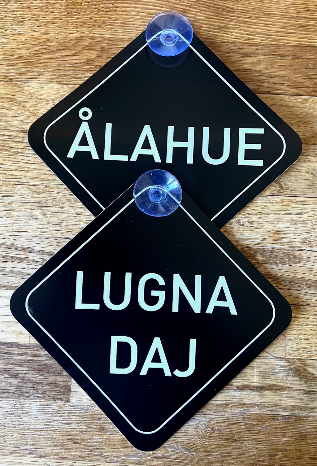 Nyssa Säg det på Skånska bilskylt with Lugna Daj design, featuring bold black text on a white background, mounted on a vehicle.