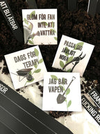 Set of four Nyssa Det våras refrigerator magnets with colorful spring-themed designs, perfect for decorating your fridge.