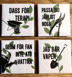 Set of four Nyssa Det våras refrigerator magnets with colorful spring-themed designs on metal surfaces.