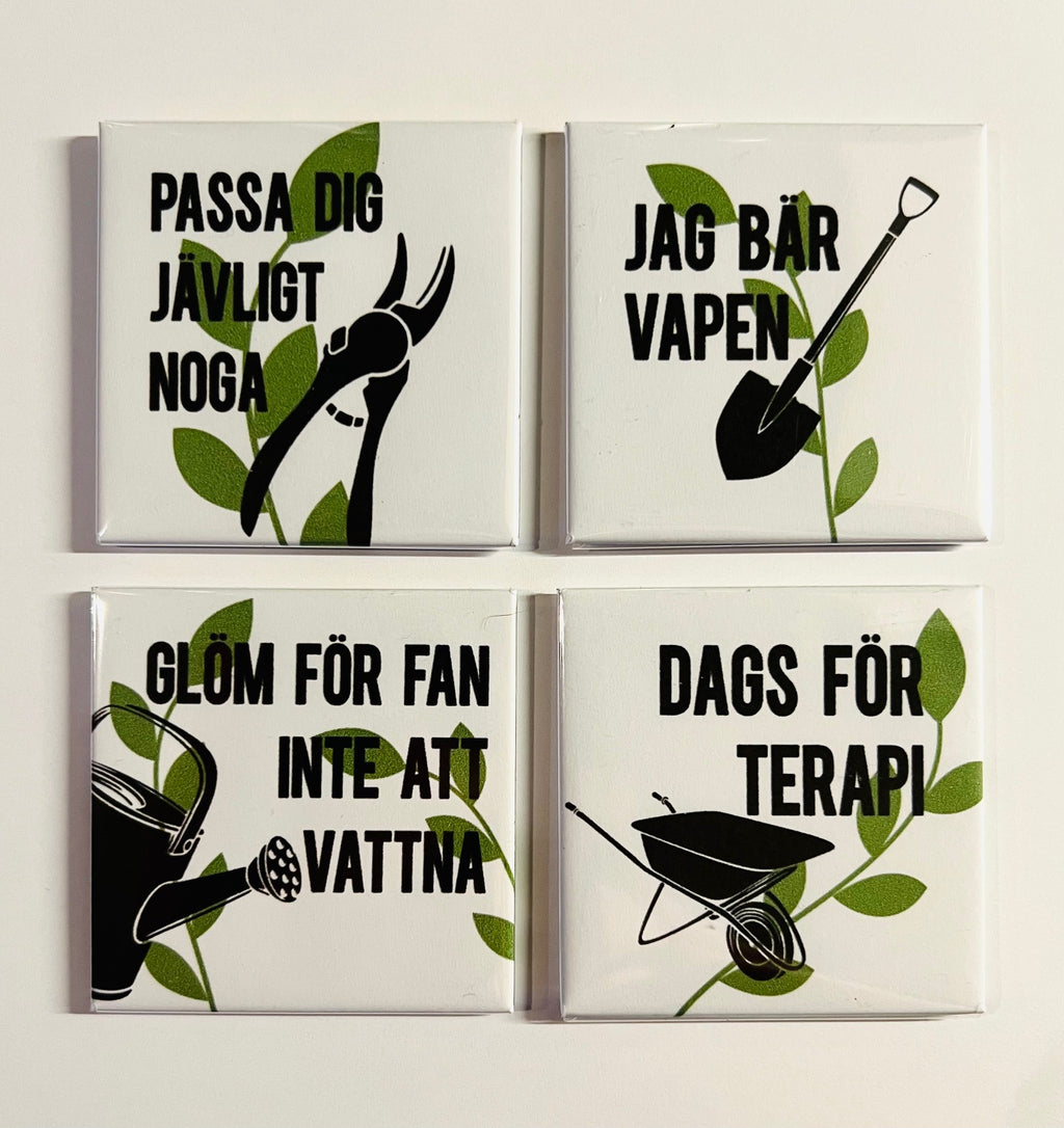 Set of four Nyssa Det våras refrigerator magnets with colorful spring-themed designs on a white background.