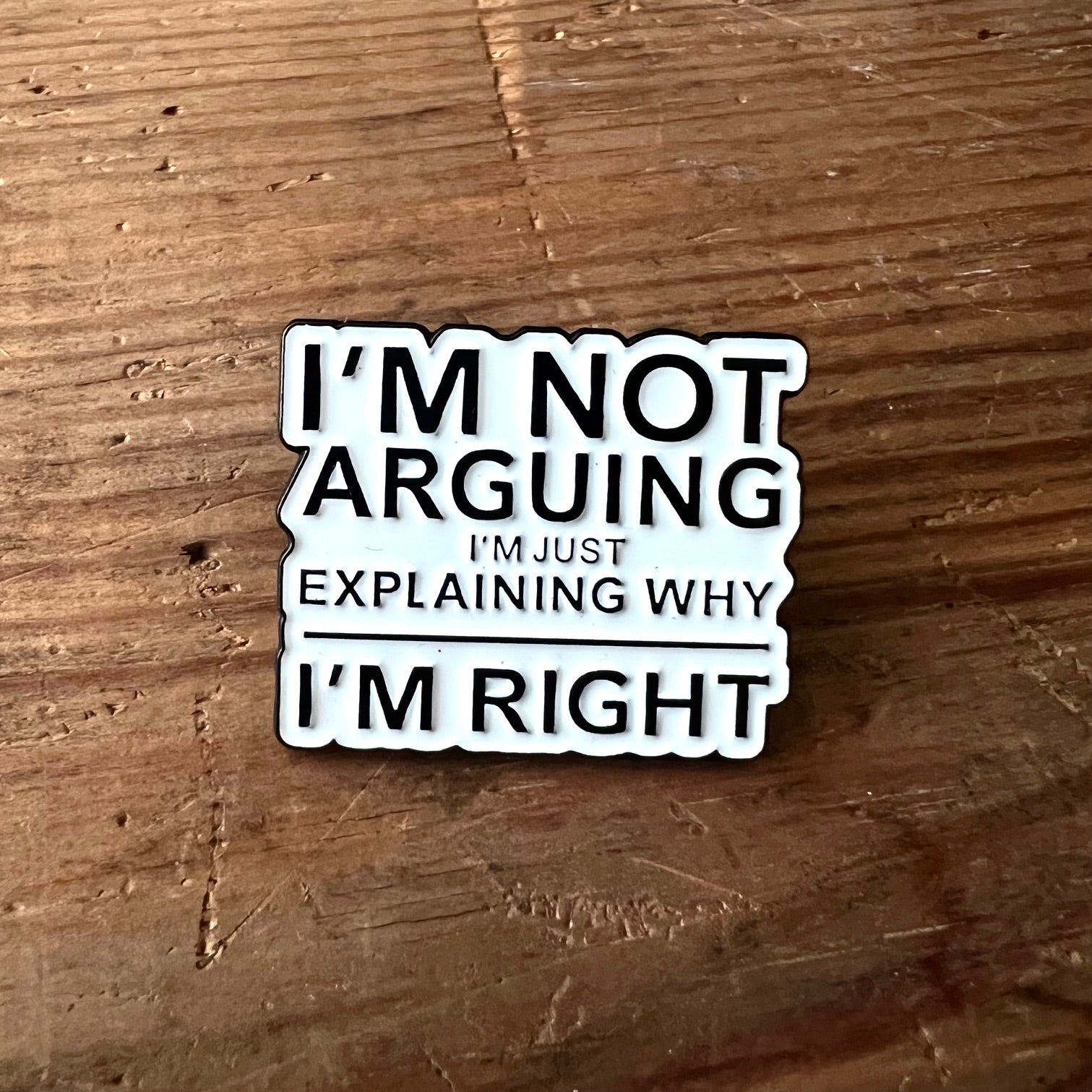 Nyssa "I'm not arguing" pin featuring a humorous design, perfect for accessorizing clothing or bags.