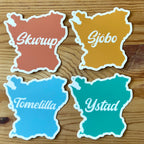 Nyssa Skåneorter sticker featuring colorful illustrations of popular Skåne region plants and landmarks on a white background.