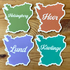 Nyssa Skåneorter sticker featuring colorful map design showcasing regions of Skåne for decorative use.