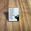 Nyssa Never Trust a Man pin featuring a metal design with bold lettering, perfect for accessories or collectors.