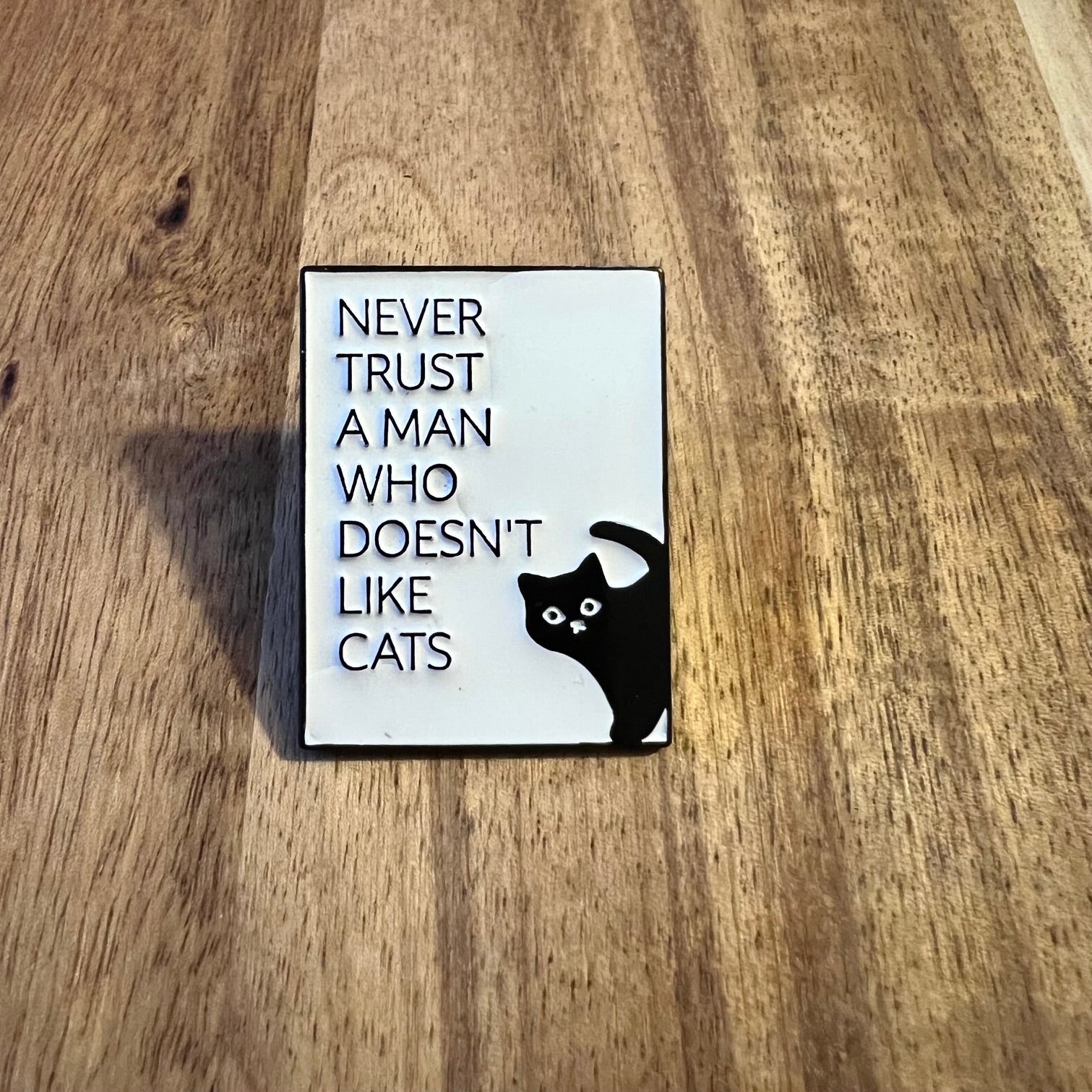 Nyssa Never Trust a Man pin featuring a metal design with bold lettering, perfect for accessories or collectors.