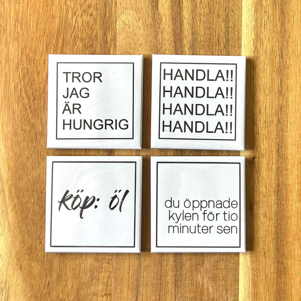 Set of four Nyssa HANDLA! refrigerator magnets with colorful designs, displayed on a white background.
