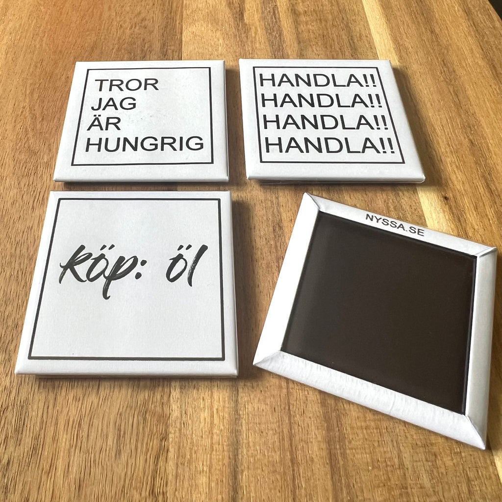 Set of four Nyssa HANDLA! refrigerator magnets with colorful designs on a white background.