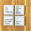 Set of four Nyssa LET'S FIKA fridge magnets with colorful coffee-themed designs on a white background.